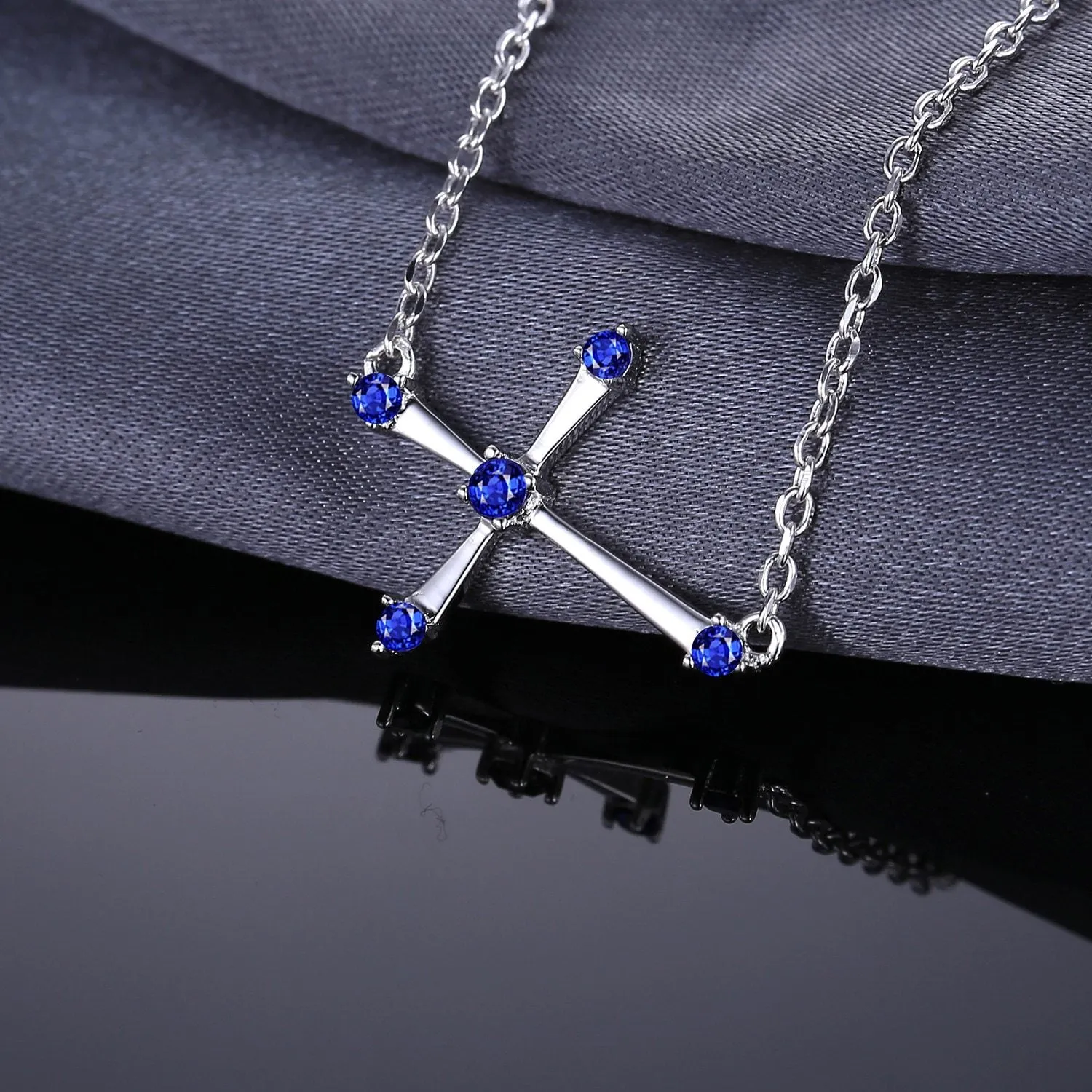 0.25ct Horizontal Blue Sapphire Sideways Cross Necklace 925 Sterling Silver