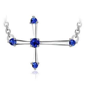 0.25ct Horizontal Blue Sapphire Sideways Cross Necklace 925 Sterling Silver