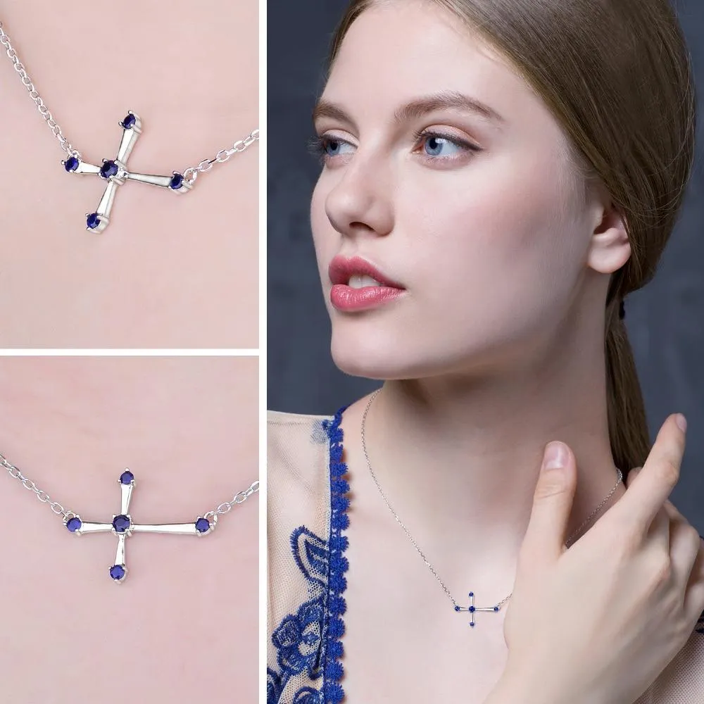 0.25ct Horizontal Blue Sapphire Sideways Cross Necklace 925 Sterling Silver