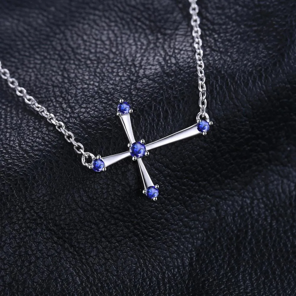 0.25ct Horizontal Blue Sapphire Sideways Cross Necklace 925 Sterling Silver