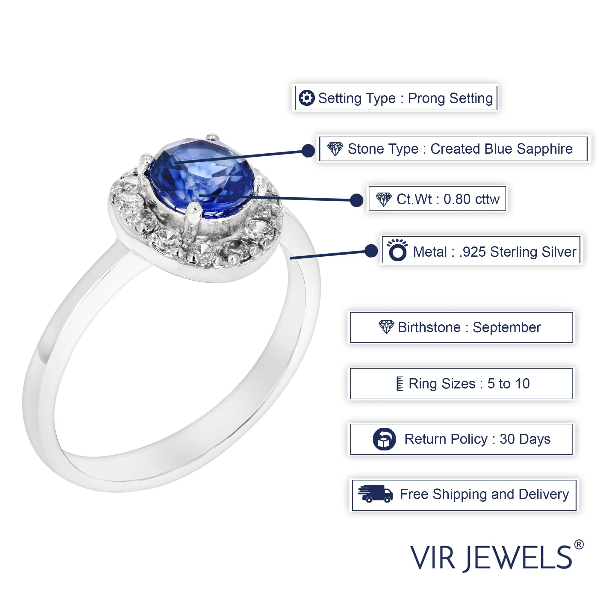 0.80 cttw Created Blue Sapphire Ring .925 Sterling Silver Rhodium Round 6 MM