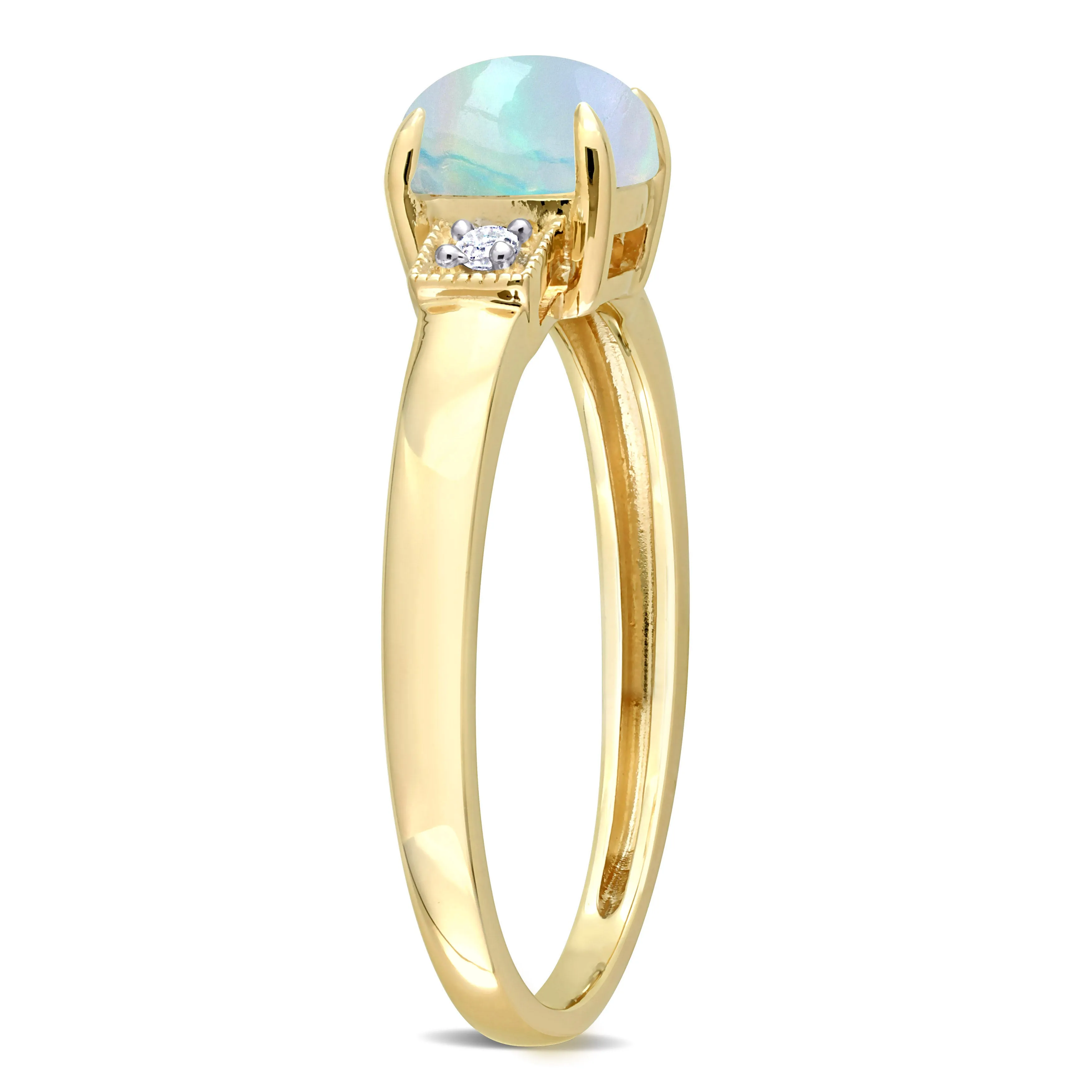 1 1/5 CT TGW Cushion Shape Blue Ethiopian Opal and Diamond Accent Ring in 10K Yellow Gold