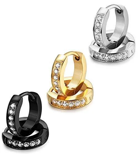 13MM Stainless Steel Small Hoop Earrings for Men Women Huggie Earrings CZ Inlaid