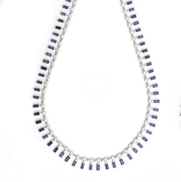 14K & 18K Gold Diamond & Blue Sapphire Baguette Necklace