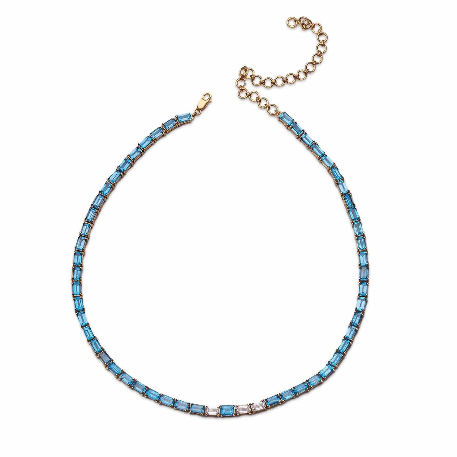 14K & 18K Gold East West Alternating Blue Topaz & Diamond Necklace