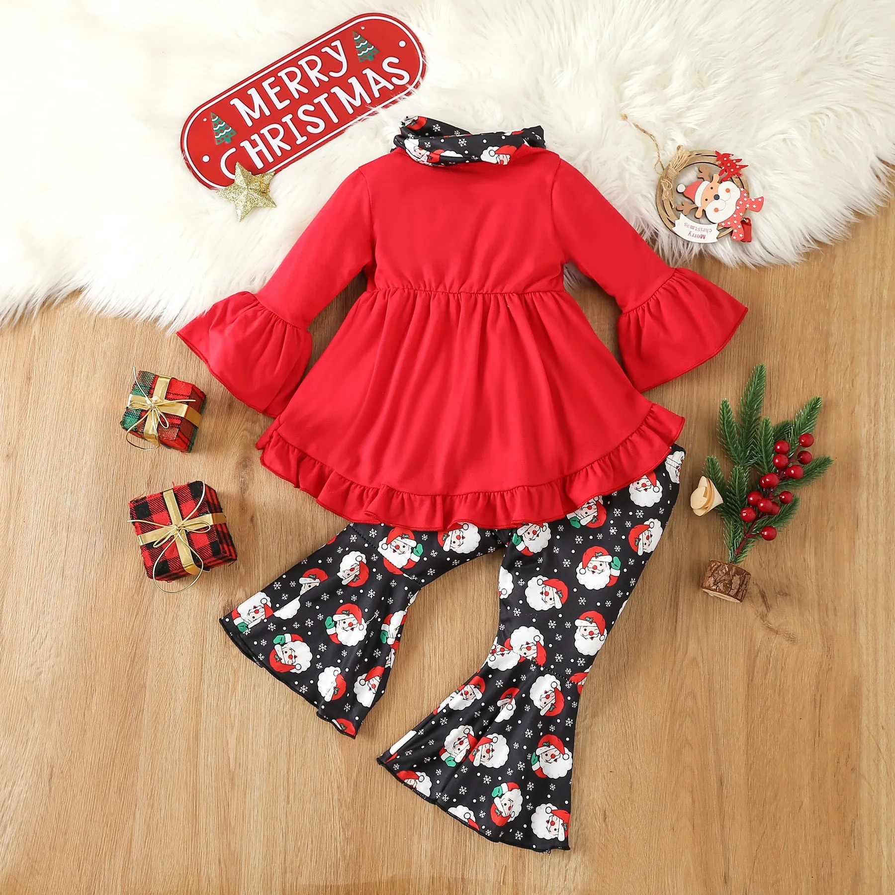 2 Pieces Set Baby Kid Girls Christmas Solid Color Print Tops And Cartoon Pants Wholesale 23101542