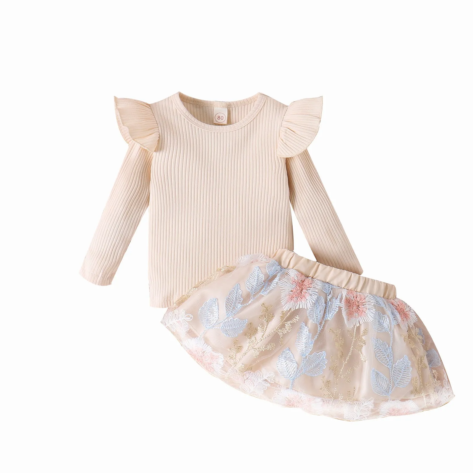 2 Pieces Set Baby Kid Girls Solid Color Tops Flower And Embroidered Skirts Wholesale 24011134