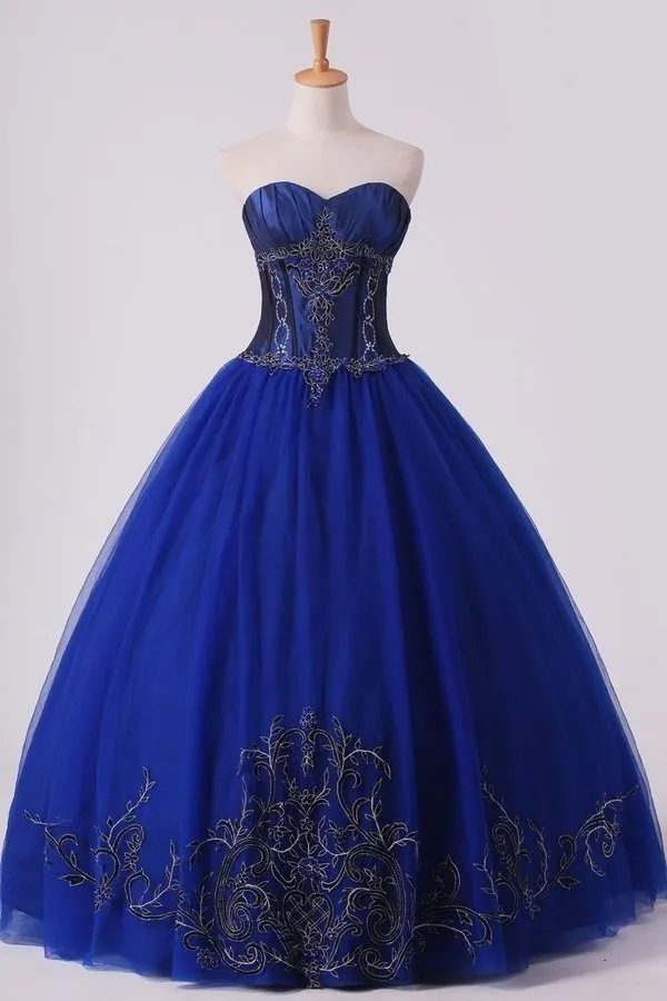 2024 Dark Royal Blue Ball Gown Sweetheart Floor Length Quinceanera Dresses With PFFHCHGR