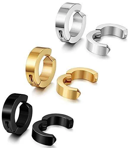 3-4 Pairs Stainless Steel Men Women Clip On Earrings Hoop Huggie Non-Piercing