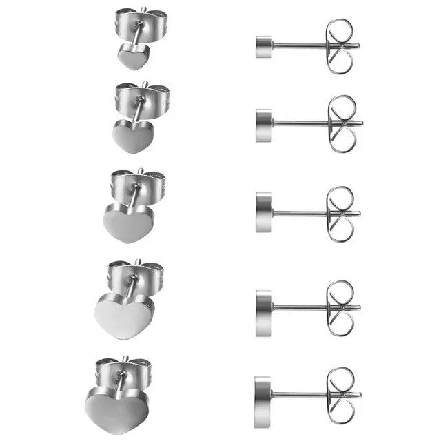 5 Pairs Silver Color Heart 316L Stainless Steel Fashion Punk Stud Earrings