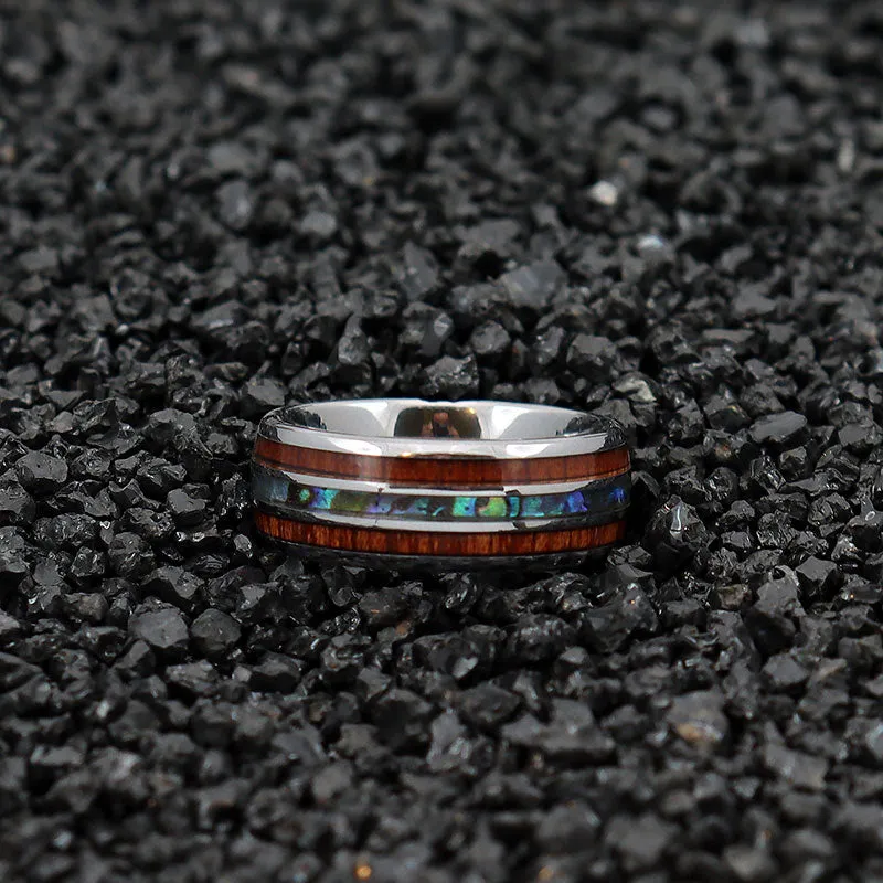 8 mm Silver Plated Tungsten Carbide Ring with Abalone Shell and Hawaiian Koa Wood Inlay