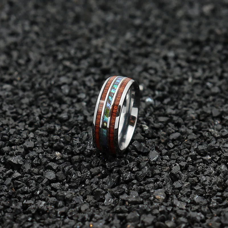 8 mm Silver Plated Tungsten Carbide Ring with Abalone Shell and Hawaiian Koa Wood Inlay