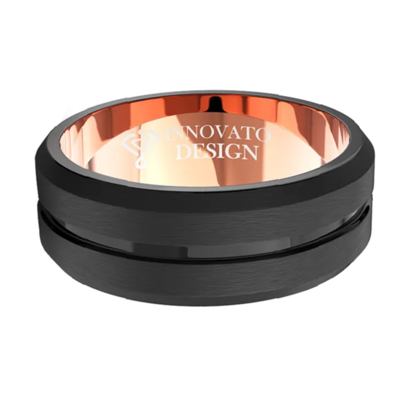 8mm Black and Rose Gold Tungsten Two Tone Carbide Ring