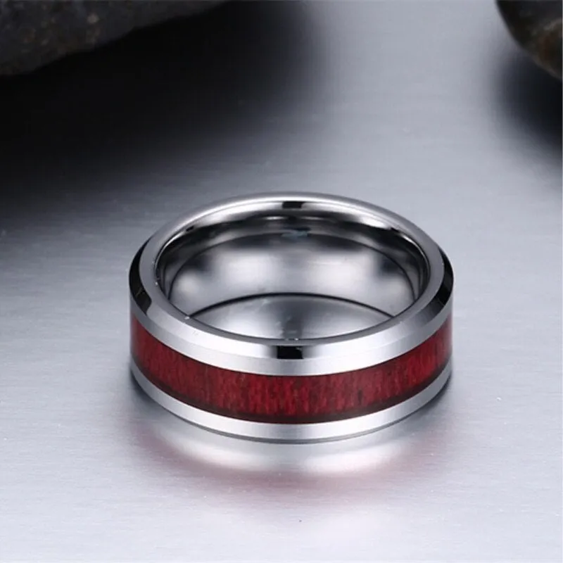 8mm Red Koa Wood and White Heart Cubic Zirconia Stainless Steel Wedding Bands Set