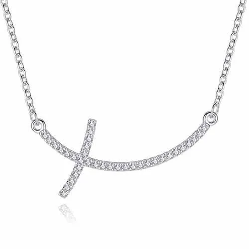 925 Sterling Silver Sideways Cross Pendant with Cubic Zirconia Crystals Necklace