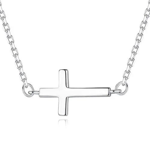 925 Sterling Silver Sideways Cross Pendant with Cubic Zirconia Crystals Necklace