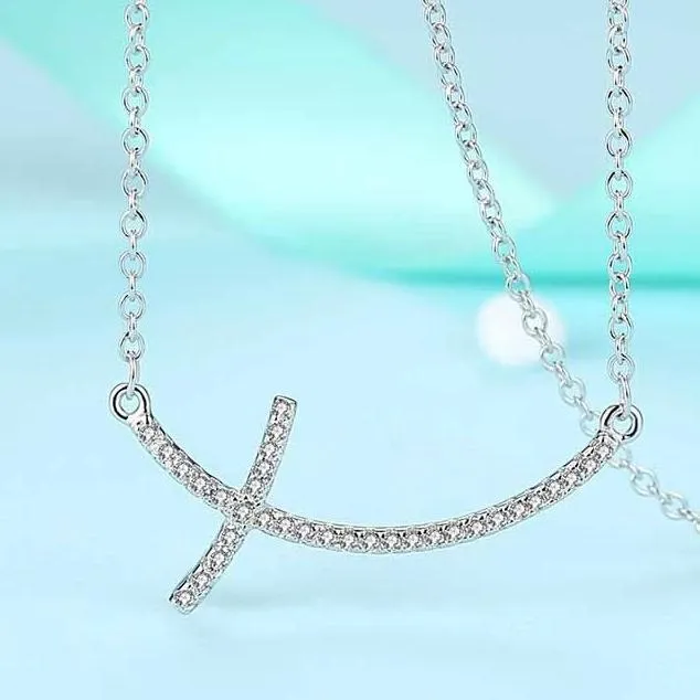 925 Sterling Silver Sideways Cross Pendant with Cubic Zirconia Crystals Necklace