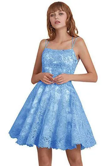 A Line Blue Lace Appliques Homecoming Dresses Backless Above Knee Short Prom Dresses