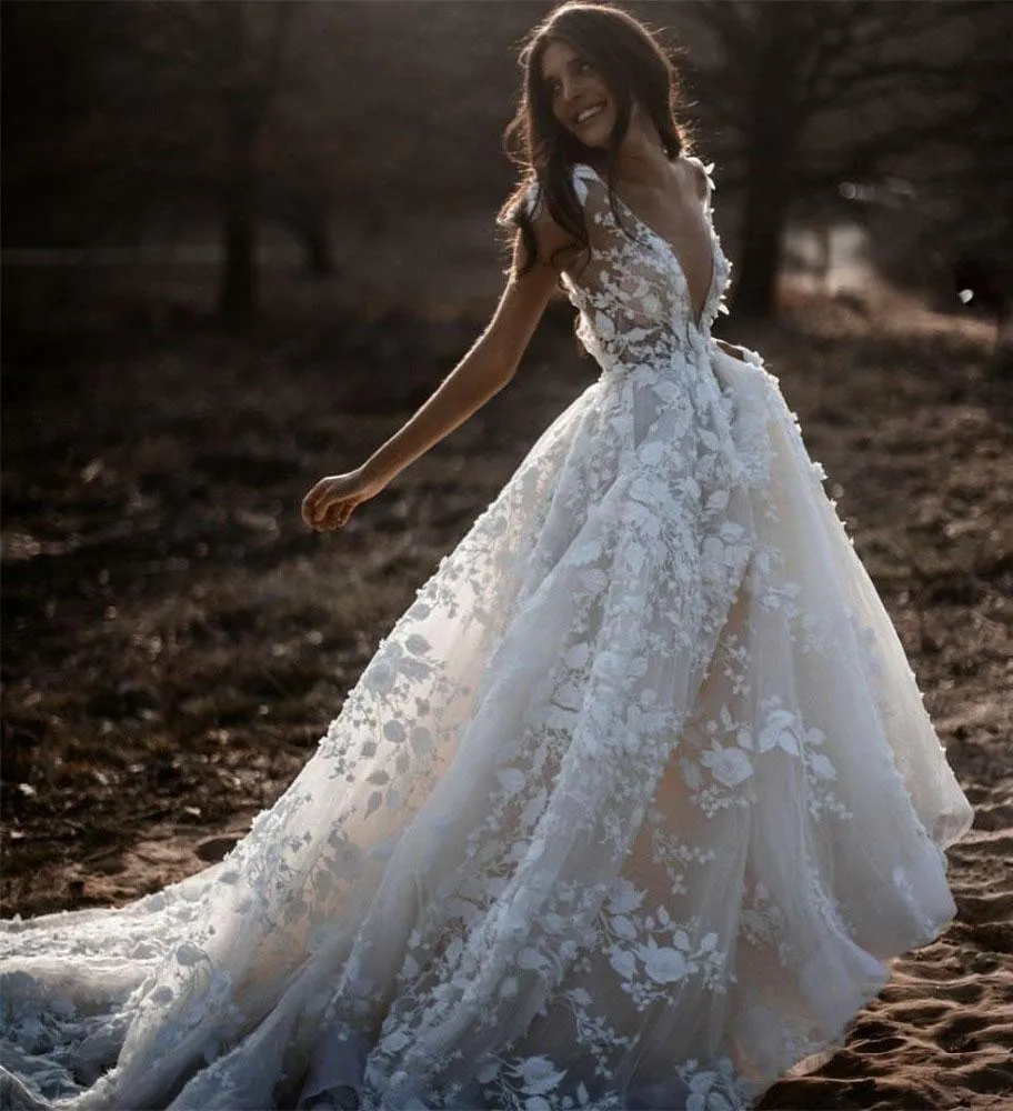 A Line Ivory V Neck Country Wedding Dresses with Appliques, Beach Wedding Gowns STK15548