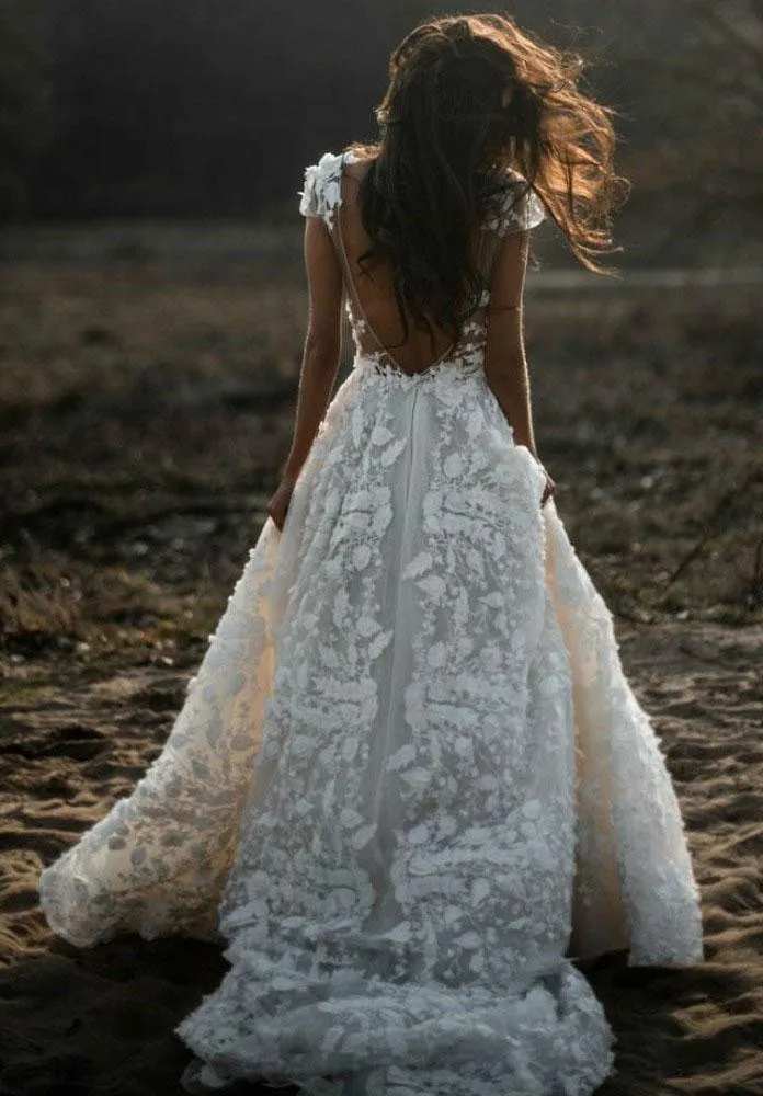 A Line Ivory V Neck Country Wedding Dresses with Appliques, Beach Wedding Gowns STK15548