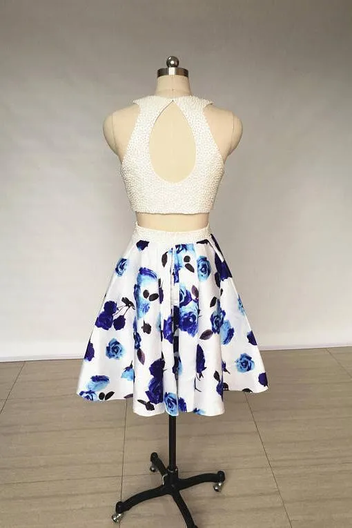 A Line Two Piece Ivory Jewel Floral Print Satin Short Homecoming Dress with Pearls