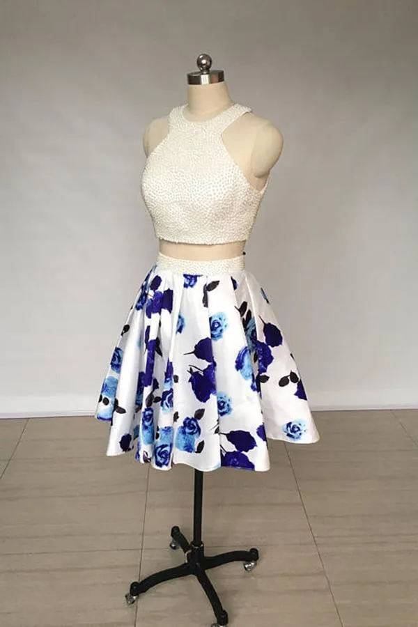 A Line Two Piece Ivory Jewel Floral Print Satin Short Homecoming Dress with Pearls