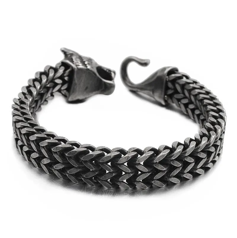 Antique Black Stainless Steel Viking Wolf Chain Bracelet