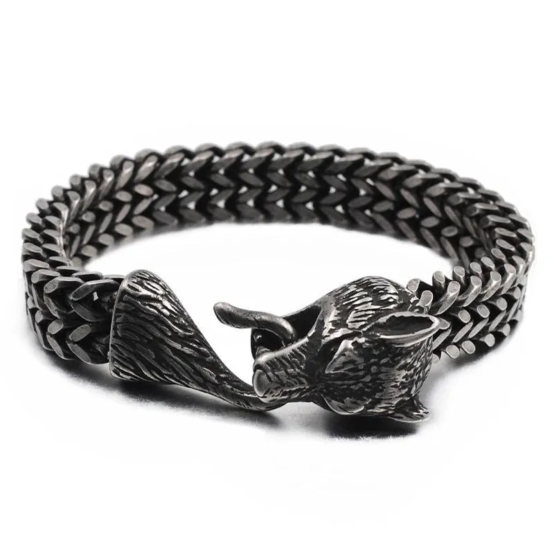 Antique Black Stainless Steel Viking Wolf Chain Bracelet