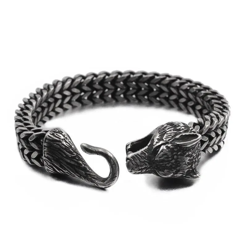 Antique Black Stainless Steel Viking Wolf Chain Bracelet