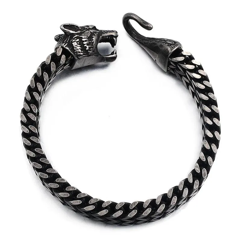 Antique Black Stainless Steel Viking Wolf Chain Bracelet