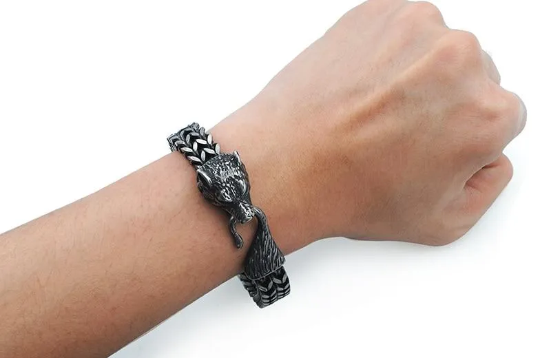 Antique Black Stainless Steel Viking Wolf Chain Bracelet