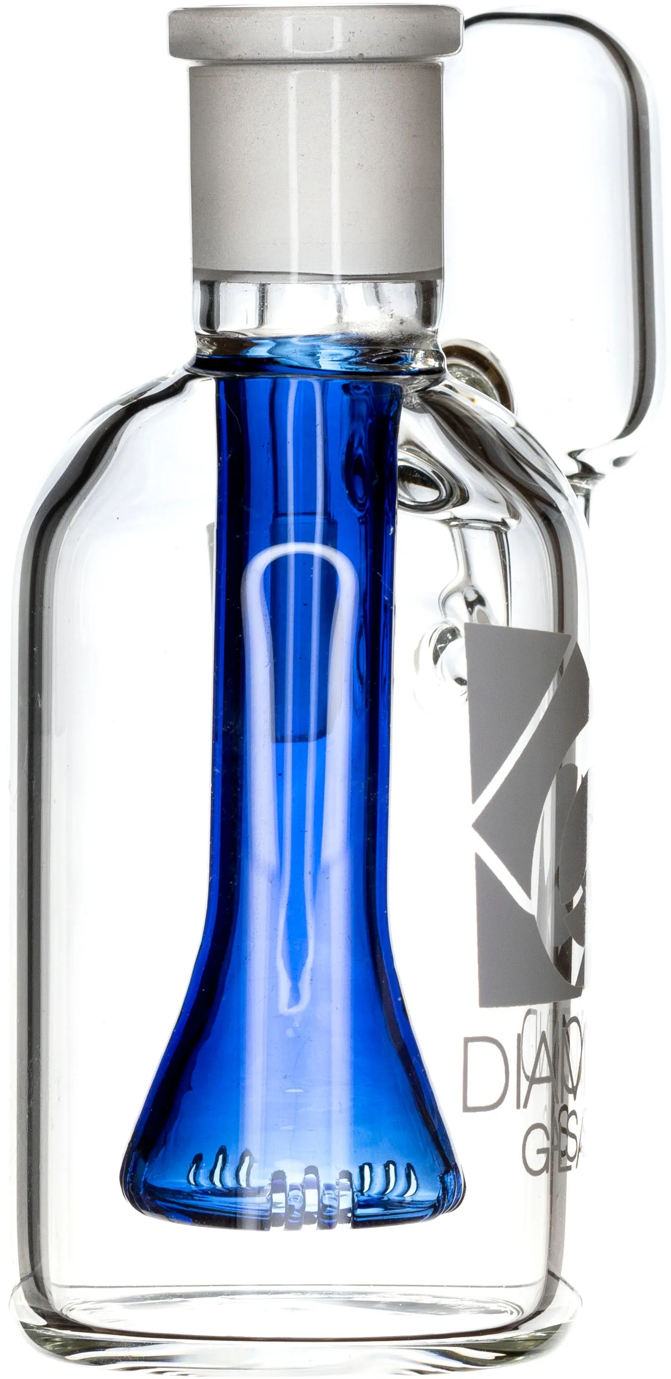 Ash Catcher w/ 18mm Joint, 90 Angle, Blue Showerhead, by Diamond Glass