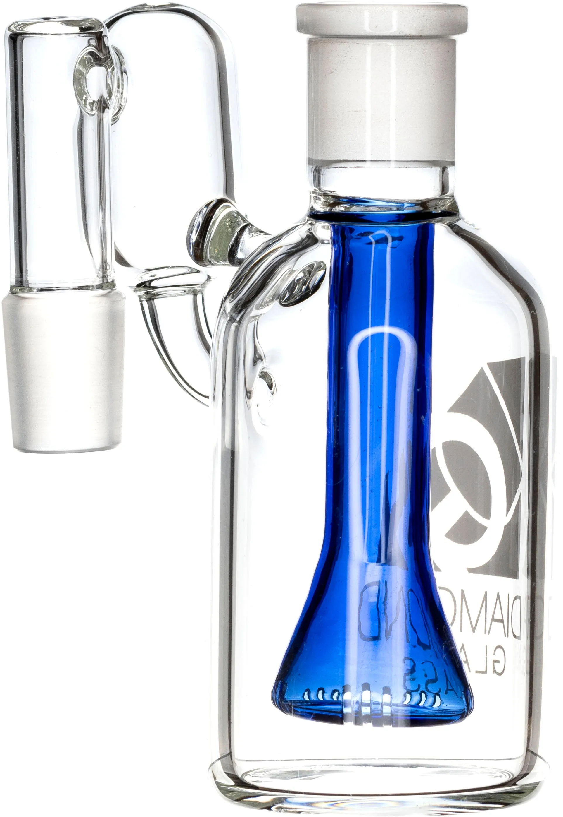 Ash Catcher w/ 18mm Joint, 90 Angle, Blue Showerhead, by Diamond Glass