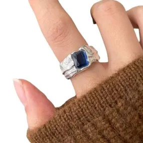 Authentic Square Blue Sapphire Irregular Ring - S925 Sterling Silver