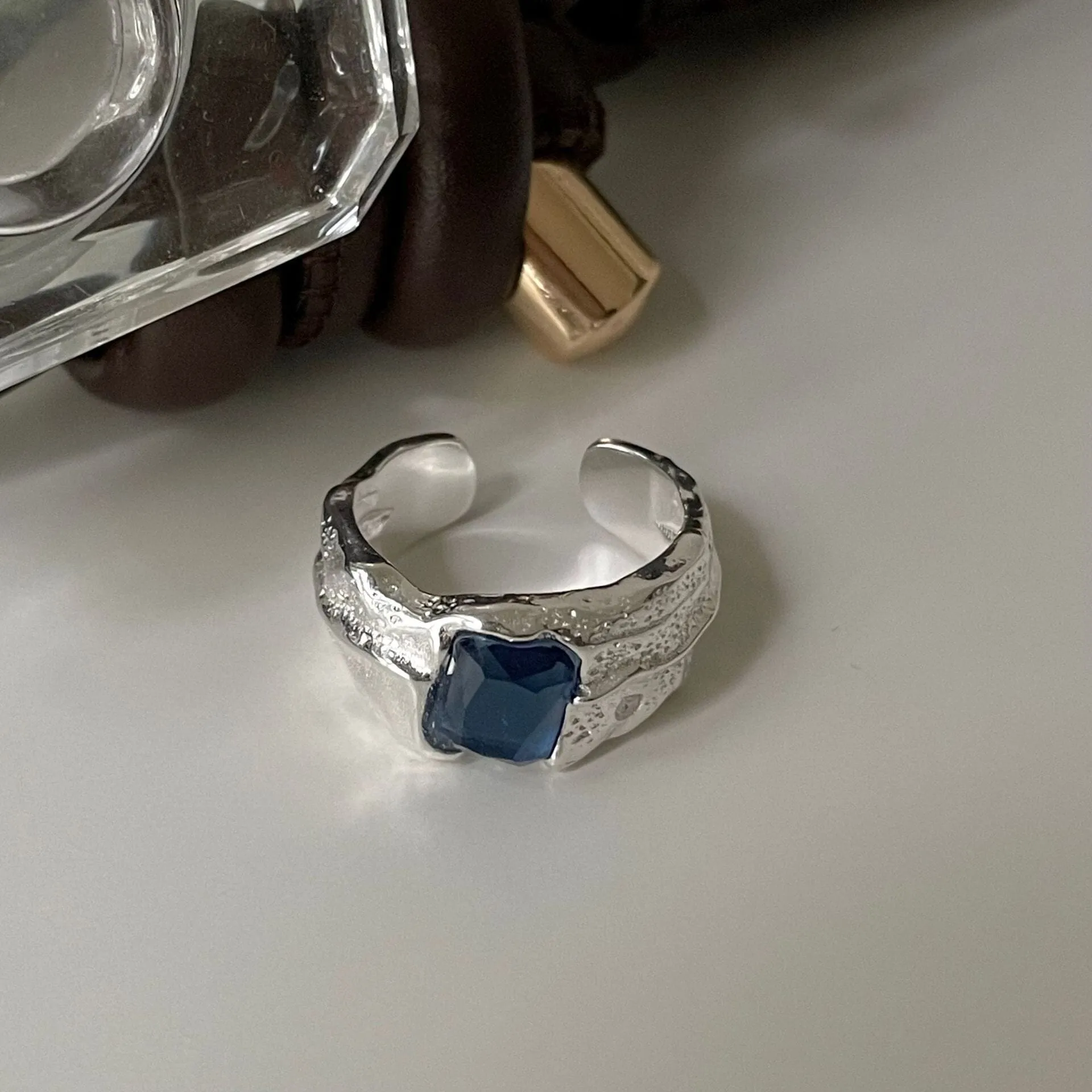 Authentic Square Blue Sapphire Irregular Ring - S925 Sterling Silver