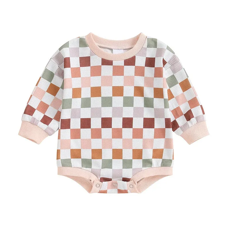 Baby Girls Color-blocking Checked Rompers Wholesale 231130309