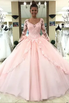 Ball Gown Pink V Neck Long Sleeve Appliques Prom Dresses with Lace up Quinceanera Dresses