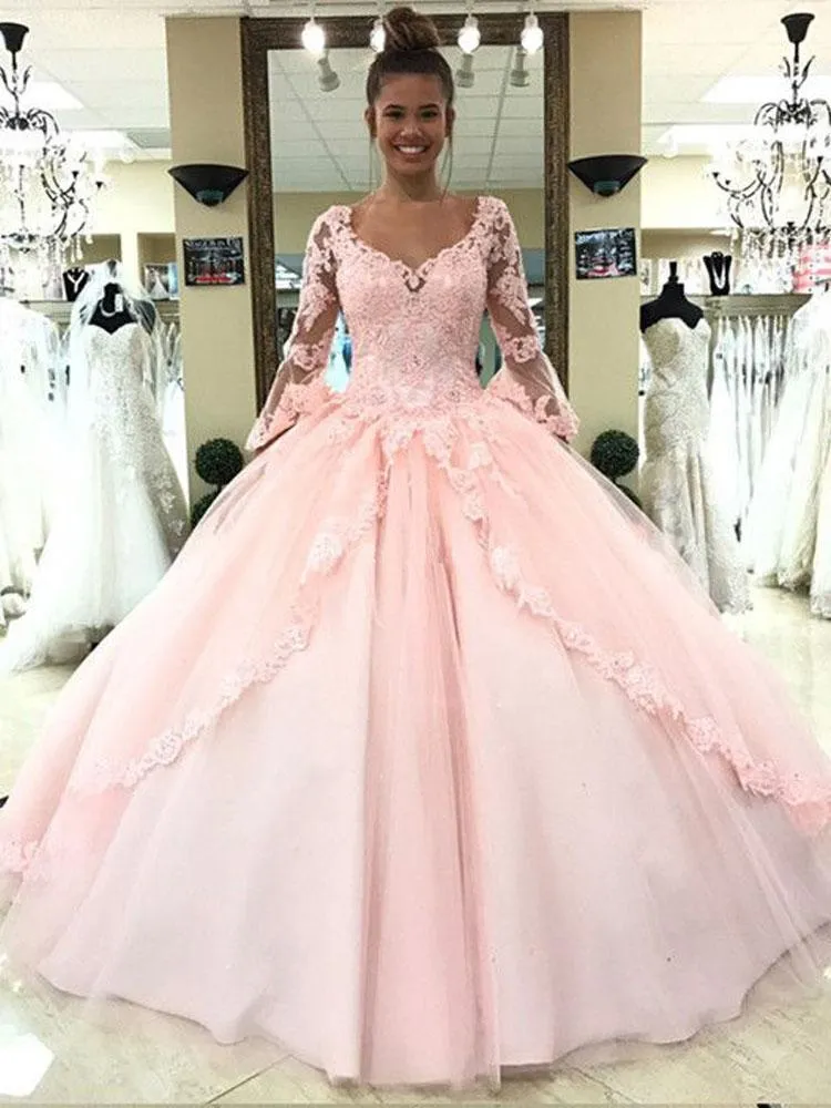 Ball Gown Pink V Neck Long Sleeve Appliques Prom Dresses with Lace up Quinceanera Dresses