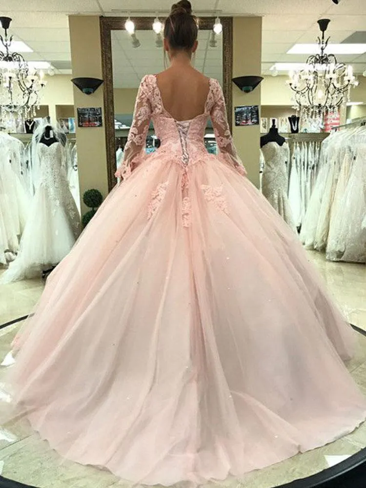 Ball Gown Pink V Neck Long Sleeve Appliques Prom Dresses with Lace up Quinceanera Dresses