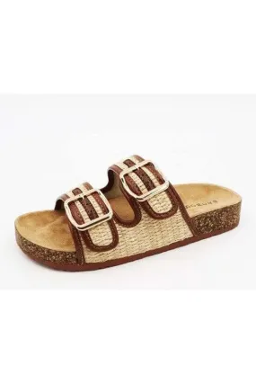 Bamboo Corc Footbed Slide Sandal w/ Raffia Strap-Tan