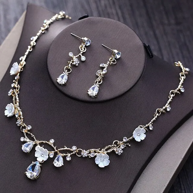 Baroque Light Gold, Crystal and Rhinestone Tiara, Necklace & Earrings Wedding Jewelry Set