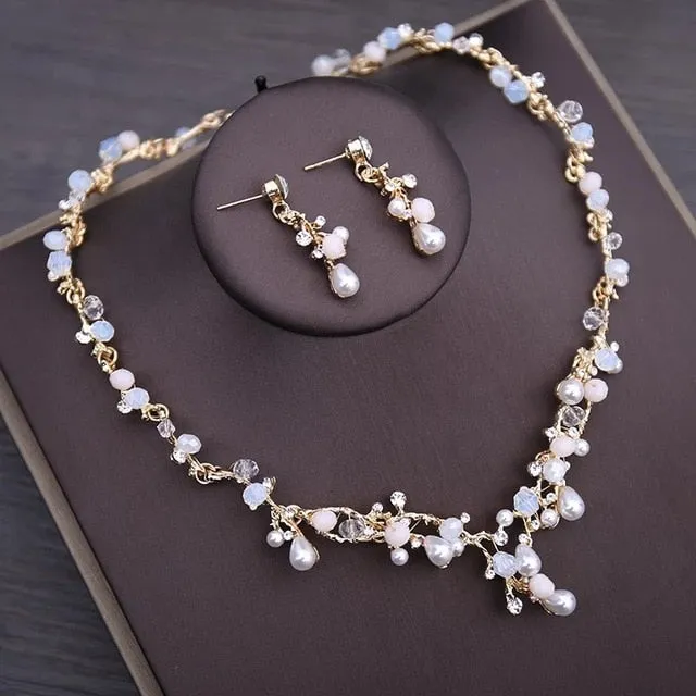 Baroque Vintage Gold, Crystal, Pearl and Rhinestone Tiara, Necklace & Earrings Wedding Jewelry Set