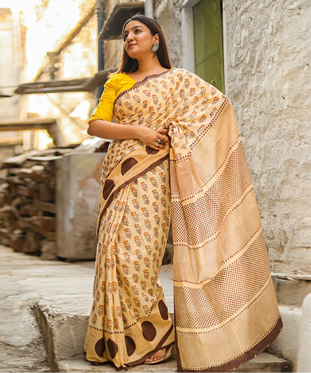 Beige brown hand block sanganeri printed cotton saree