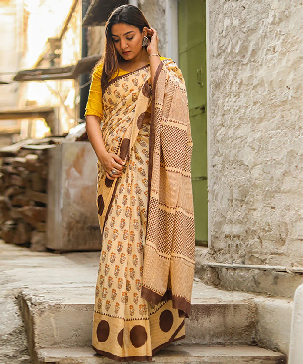 Beige brown hand block sanganeri printed cotton saree