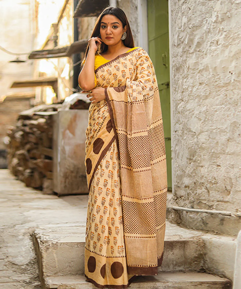 Beige brown hand block sanganeri printed cotton saree