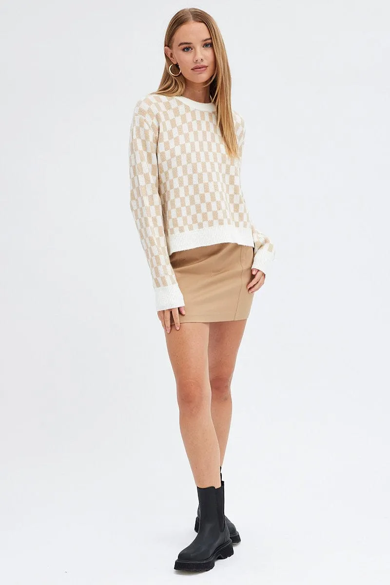 Beige Check Knit Jumper Long Sleeve