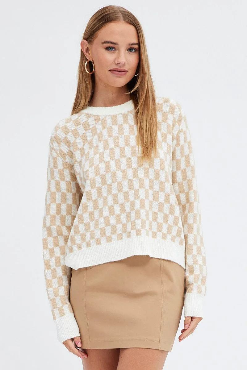 Beige Check Knit Jumper Long Sleeve