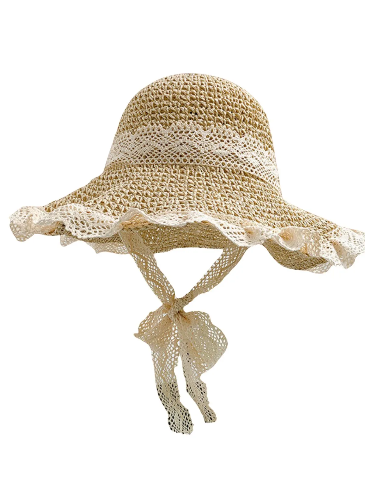 Beige Lace Woven Straw Beach Sun Hat