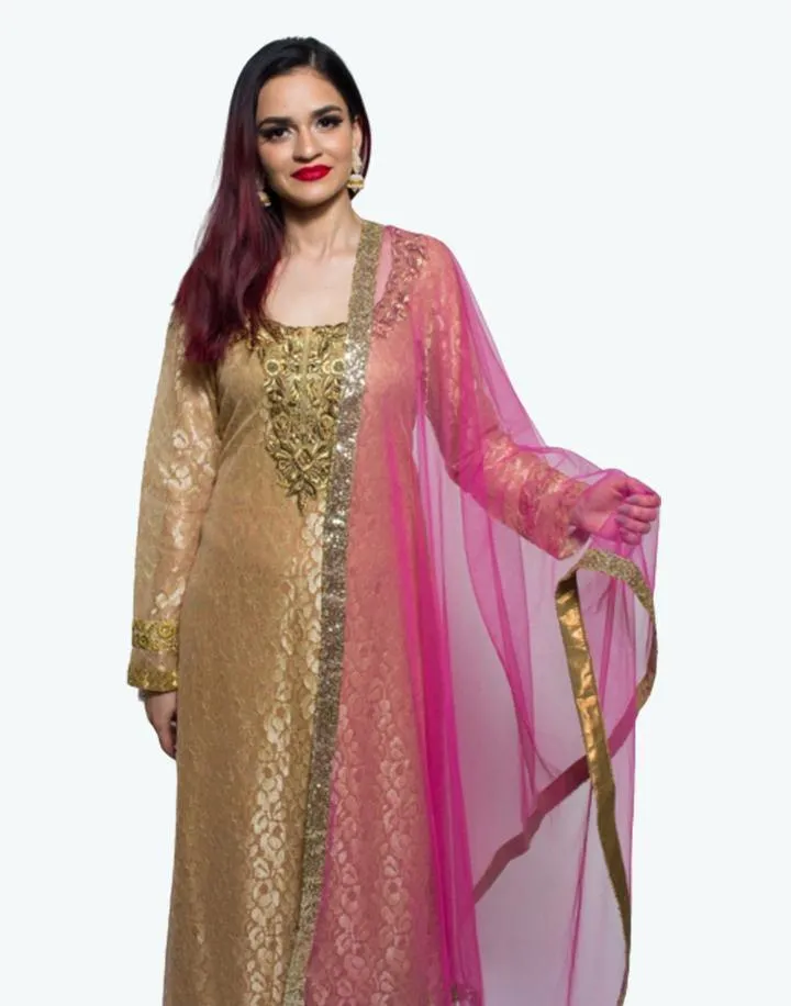 Beige Net Kurta With Pink Palazzo And Dupatta - Rent