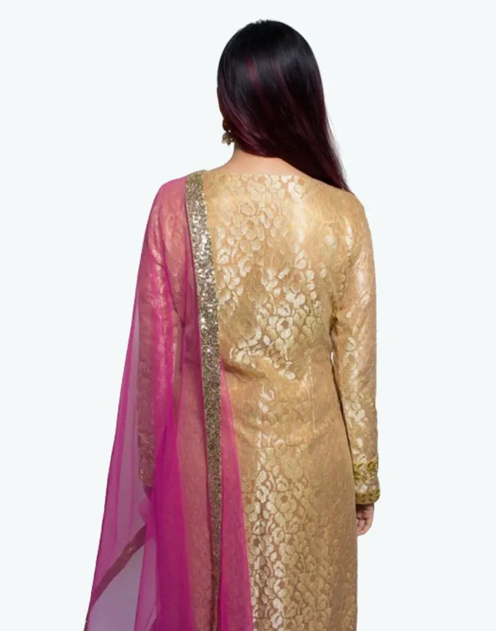 Beige Net Kurta With Pink Palazzo And Dupatta - Rent